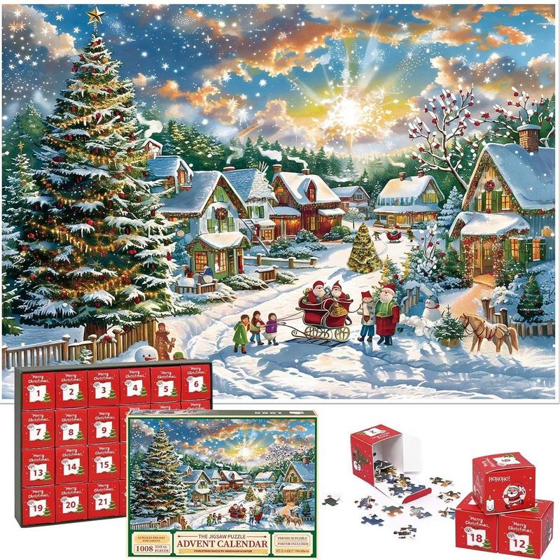 Advent Calendar 2024 Foil Puzzle 1008 Pieces Holiday Jigsaw Puzzles 24 Days Christmas Countdown Calendar with Puzzle Mat, Glue for Adults, Family Game Xmas Gifts Home Decor