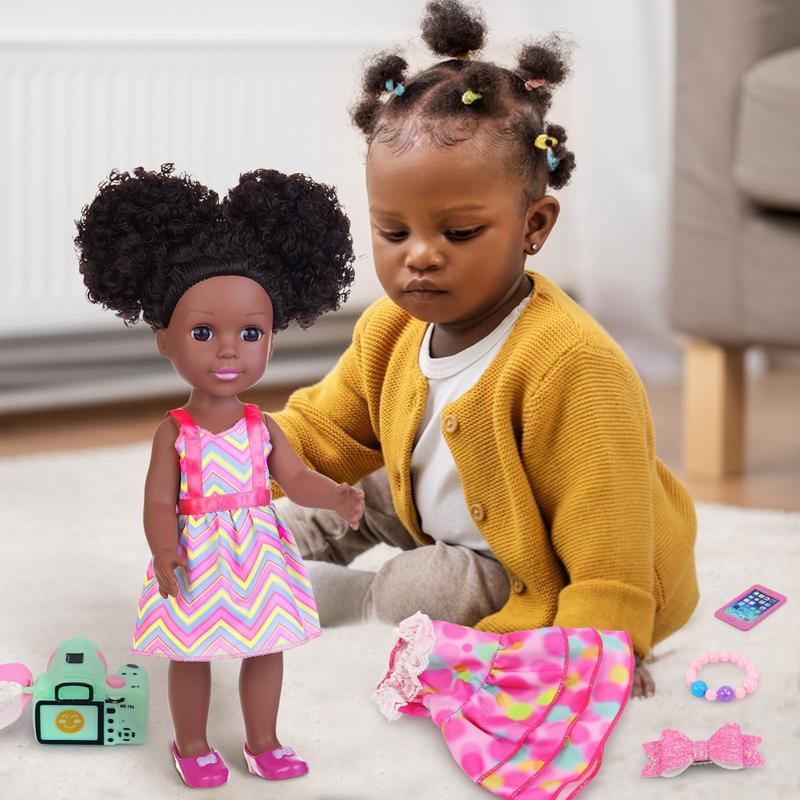 14.5 Inch Black African Baby Doll with Pink Dot Skirt and Accessories Set Silicone Black Doll Realistic Black Girl Doll