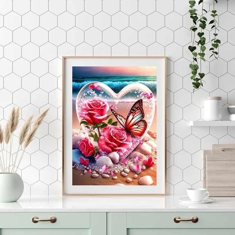 Butterfly & Rose Pattern DIY Decorative Art Picture without Frame, 5D DIY Full Round Drill Diamond Arts Colorful Painting Kit, Wall Art Crafts for Home Decor