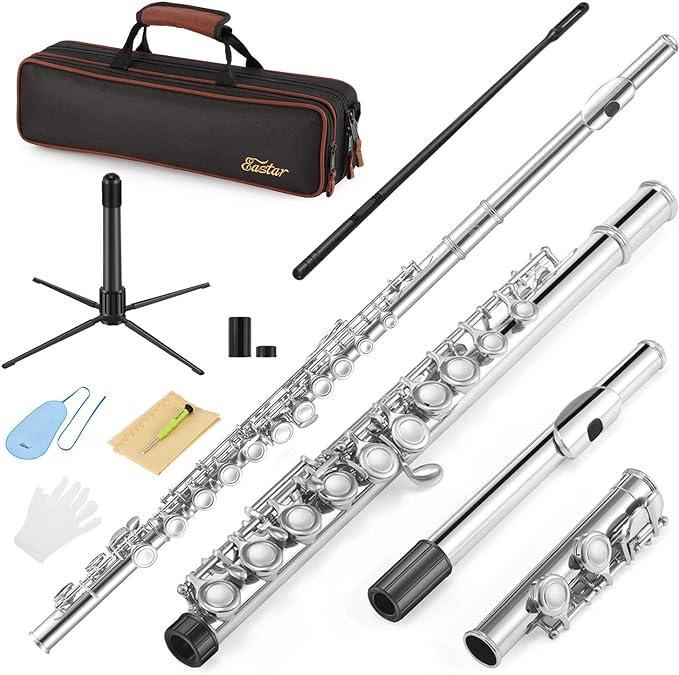 Eastar C Flutes Closed Hole 16 Keys Flute for Beginner Kids Student Flute Instrument with Cleaning Kit, Stand, Carrying Case, Gloves, Tuning Rod, Nickel, EFL-1