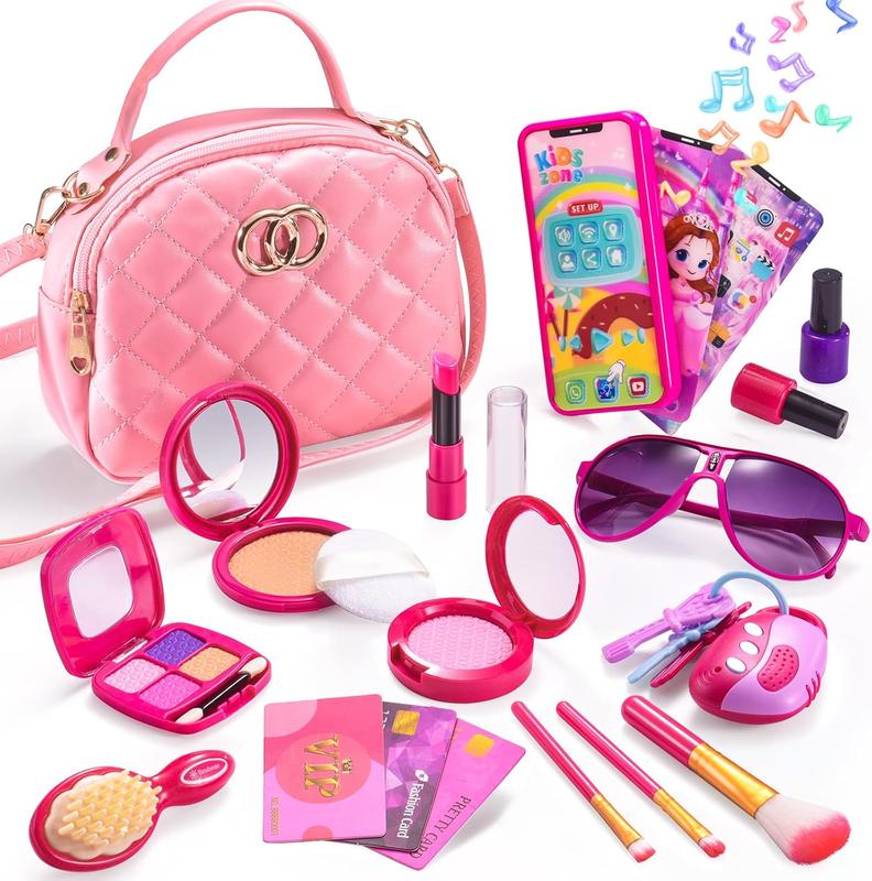 Christmas Gift Purse for Little Girls, Pretend Play Makeup Kits for Girl Toys Kids Purse with Accessories, Pink Princess Toys, new year, birthday gift