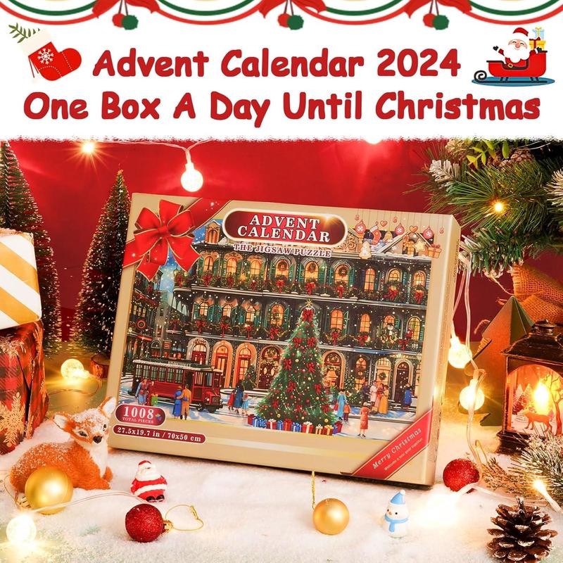 Advent Calendar 2024 Foil Puzzle 1008 Pieces Holiday Jigsaw Puzzles 24 Days Christmas Countdown Calendar with Puzzle Mat, Glue for Adults, Family Game Xmas Gifts Home Decor