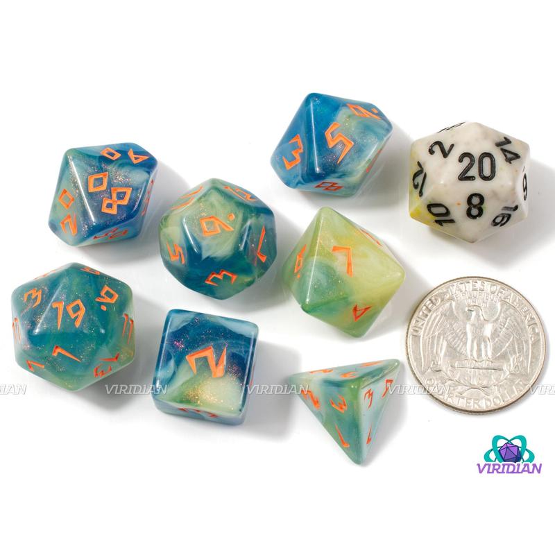 Tropical Tide | Teal Blue, Yellow and Light-Green Swirls, Glitter, Orange Runic   Goblin Font | Acrylic Dice Set (7)