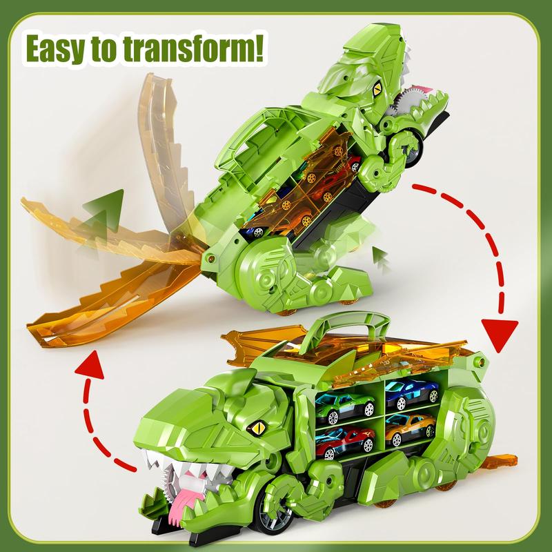 Christmas Gift Transformed Dinosaur Truck Toy With 10 Diecast Racing Cars, Dino Transport Car With Wings And Handle , Birthday Gift For