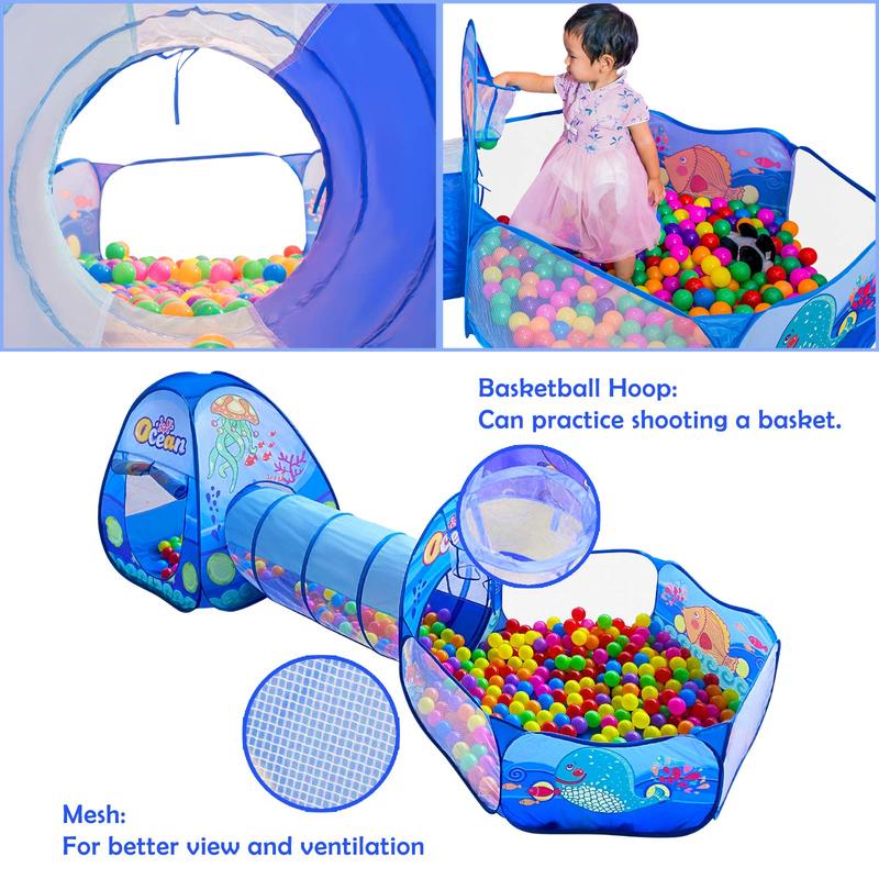 3 in 1 Kids Play Tent with Tunnel, Ball Pit, Basketball Hoop for Boys & Girls, Toddler Pop Up Playhouse Toy Baby Indoor Outdoor, Gift Year Old Child (3 Tent)