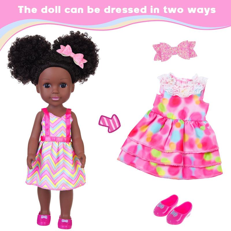 14.5 Inch Black African Baby Doll with Pink Dot Skirt and Accessories Set Silicone Black Doll Realistic Black Girl Doll