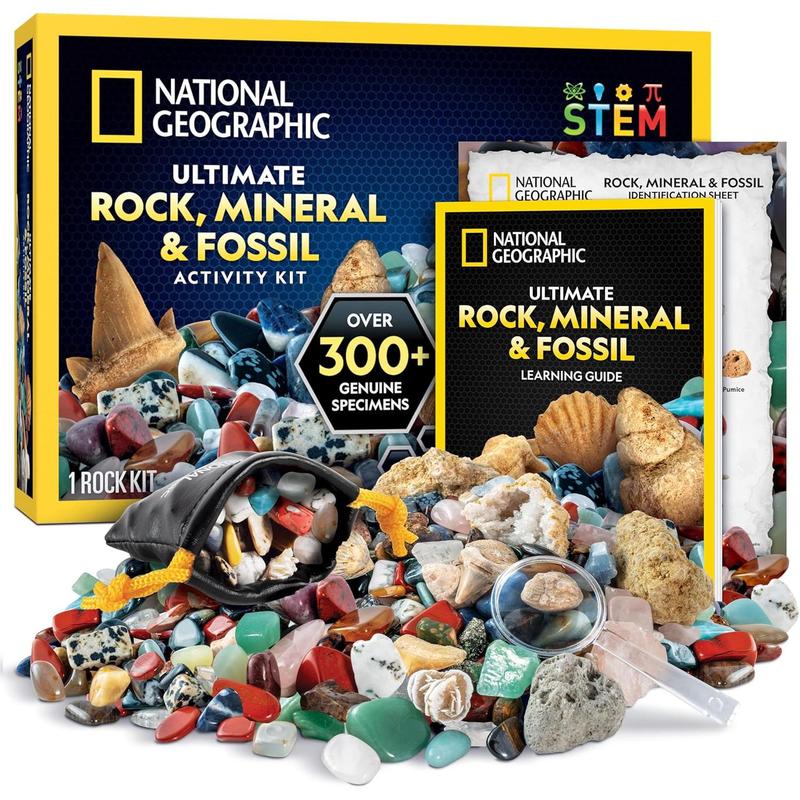 NATIONAL GEOGRAPHIC Rock Collection Box for Kids – 300 Piece Gemstones and Crystals Set Includes Geodes and Real Fossils, Rocks and Minerals Science Kit for Kids, A Geology Gift for Boys and Girls