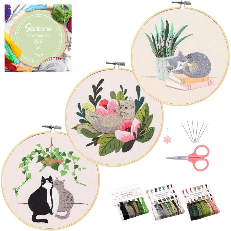 3 Pack Embroidery Kit for Beginners with Pattern, Cross Stitch Kits for Adults with Instructions,Needlepoint Kits for Adults Include 1 Embroidery Hoops,Color Threads and Needles(Cat)