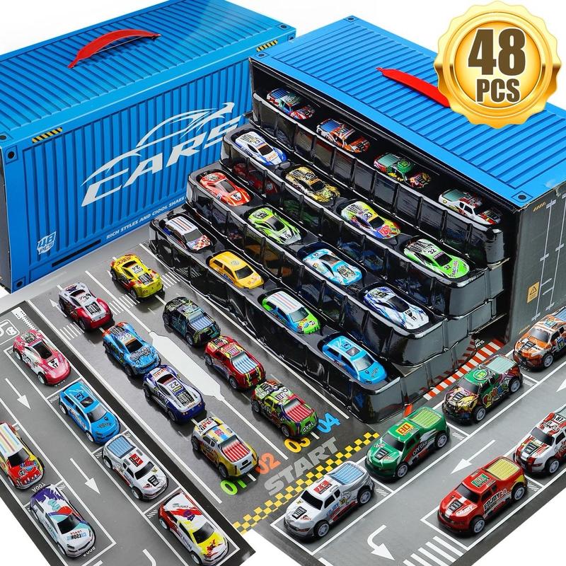 48-Piece Pull Back Cars Set with Garage Storage Box – Race Car Collection for Boys and Girls – Mini Racing Cars, Friction Powered Toy Cars