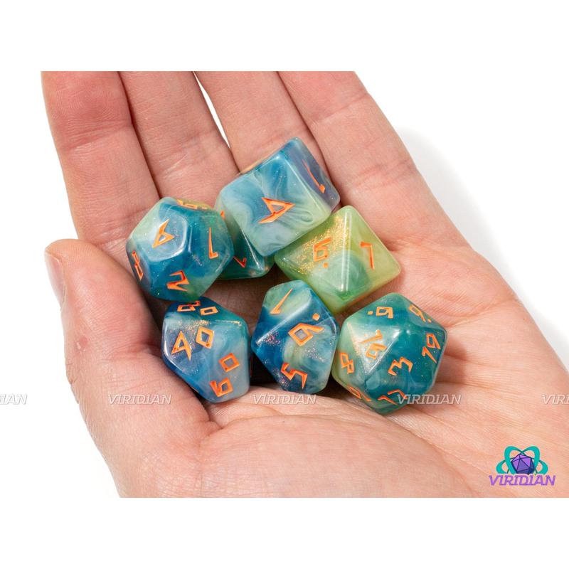 Tropical Tide | Teal Blue, Yellow and Light-Green Swirls, Glitter, Orange Runic   Goblin Font | Acrylic Dice Set (7)