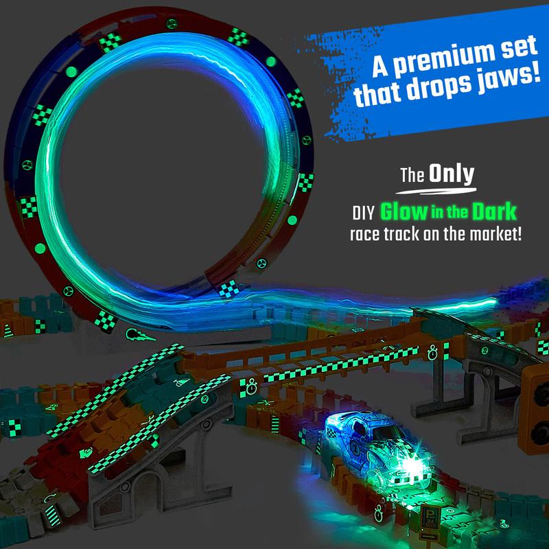 Race Track Set Glow in The Dark Track Toy for Boys & Girls Age 3, 4, 5, 6 and 7 | Outrun The Light and Create Thrilling Tracks with FlashTrack Race Set by JitteryGit - Multicoloured Educational Gift Set for Boys & Girls