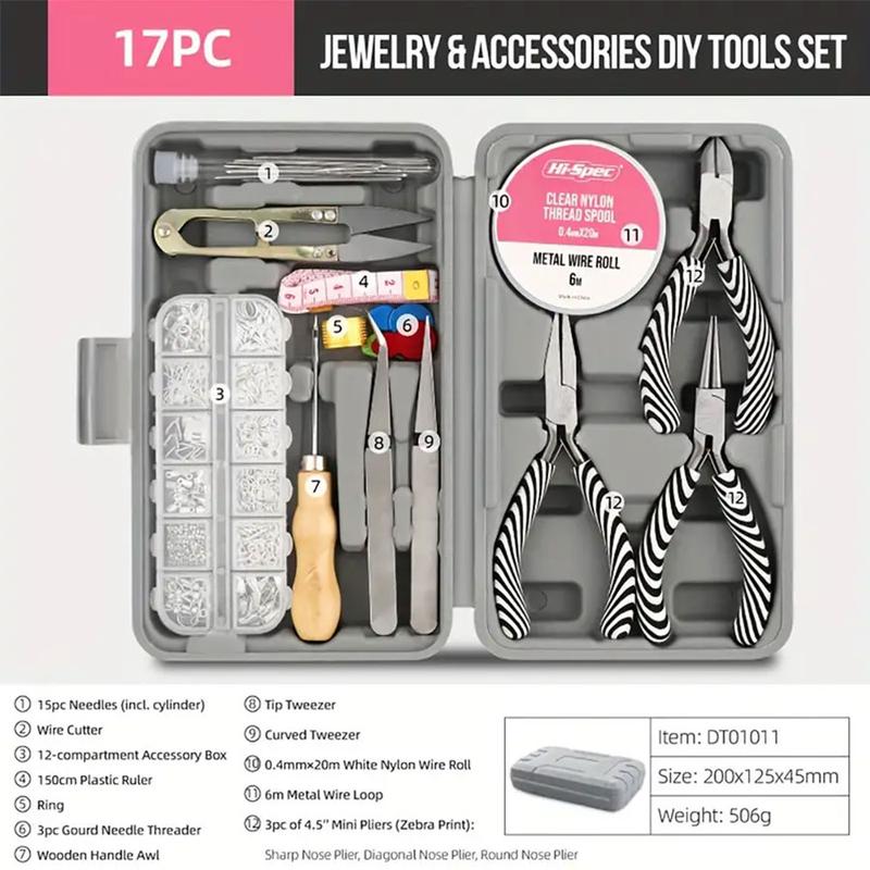 17pc Jewelry Making Toolkit with Zebra Print Tools, Carbon Steel DIY Craft Set - Animal Pattern Pliers, Scissors, Tweezers, Needles & Accessories, Without Power Craft Essentials for Beading & Handicrafts