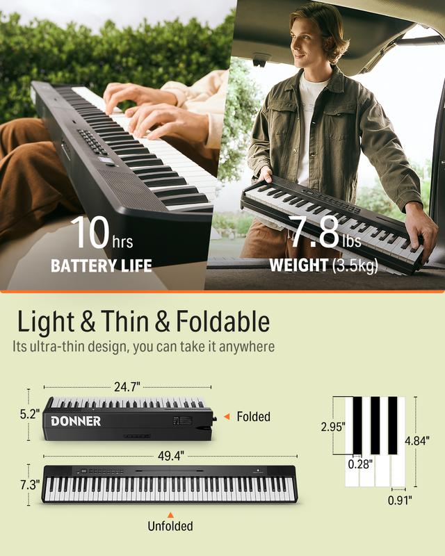 Donner DP-10 Foldable Digital Piano for Beginner, 88 Key Full Size Keyboard, Bundle with Pedal, Piano Bag