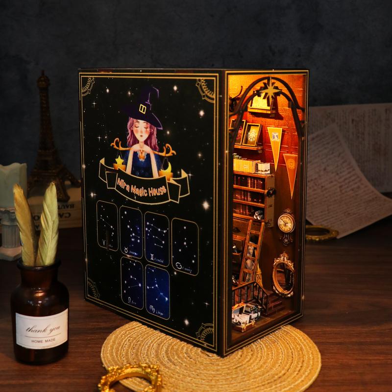 DIY Book Nook Kit, DIY Dollhouse Booknook Bookshelf Insert Decor Alley, Bookends Model Build-Creativity Kit with Music Box & LED for Teens and Adults Birthday Magic Booknook