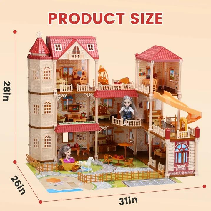 Huge Dollhouse With Elevator And 2 Doll,With 388 PCS Furniture and Accessories,Christmas Birthday Gifts,Red