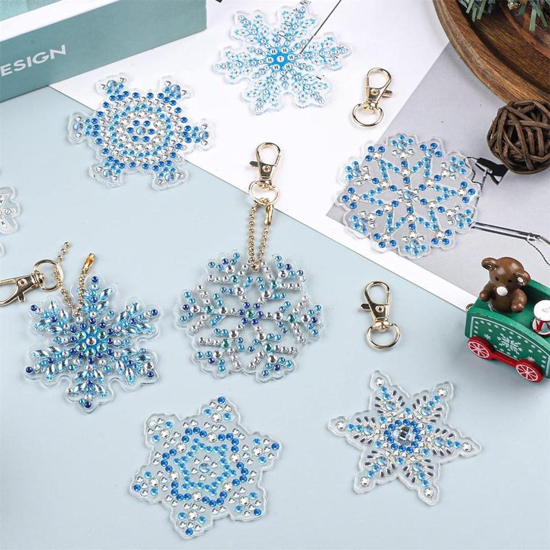 Christmas DIY Diamond Arts Colorful Painting Kit, 12pcs set Snowflake Series Acrylic Keychain, DIY Decorative Kit for Bag, Car, Phone, Computer, Bag Decoration