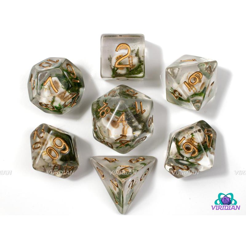 Cursed Crew | Skulls, Bones, Green-Black Moss, Clear-Transparent | Resin Dice Set (7)