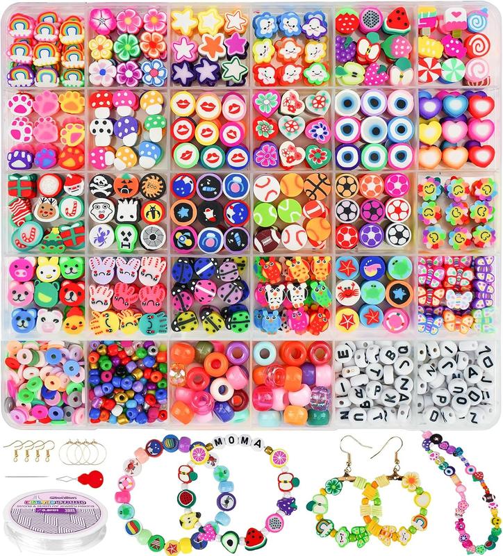 1000 count Polymer Clay Beads Bracelet Making kit, 30 Style Cute Fun Fruit Flower Rainbow Butterfly  Heart Star Beads Charms for  Necklace Making Christmas Gift for Girls Women