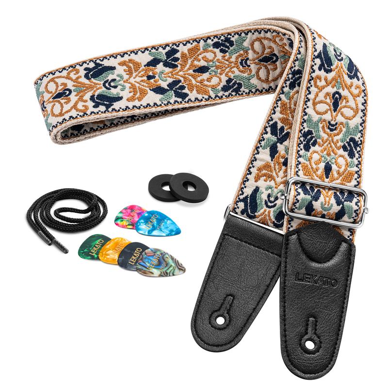 LEKATO Guitar Strap for Electric Bass Acoustic Guitar, Floral Jacquard Embroidery, 2″ Wide Guitar Straps Bass Strap, Padded Guitar Straps with Picks & Blocks