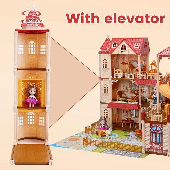 Huge Dollhouse With Elevator And 2 Doll,With 388 PCS Furniture and Accessories,Christmas Birthday Gifts,Red