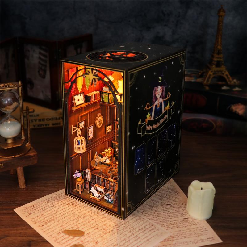 DIY Book Nook Kit, DIY Dollhouse Booknook Bookshelf Insert Decor Alley, Bookends Model Build-Creativity Kit with Music Box & LED for Teens and Adults Birthday Magic Booknook