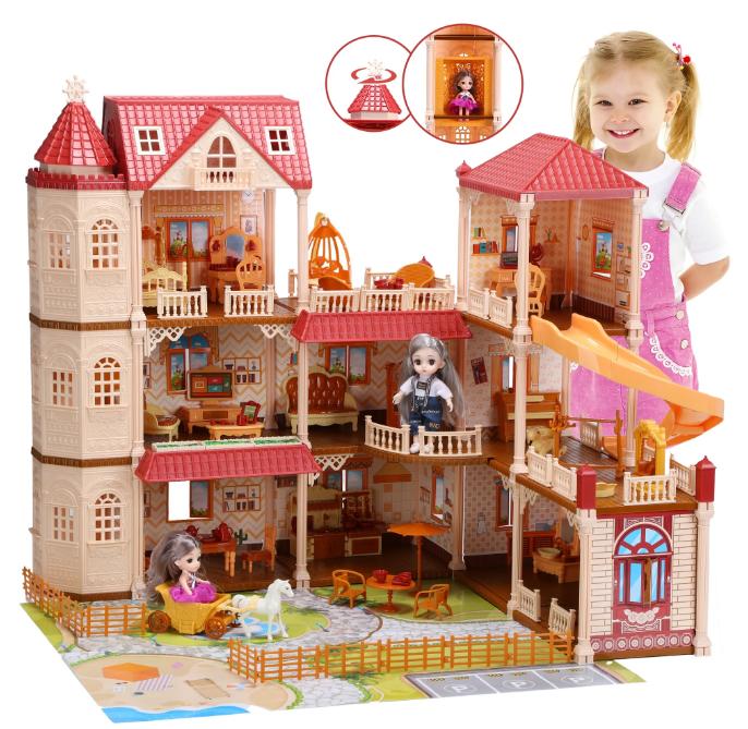 Huge Dollhouse With Elevator And 2 Doll,With 388 PCS Furniture and Accessories,Christmas Birthday Gifts,Red