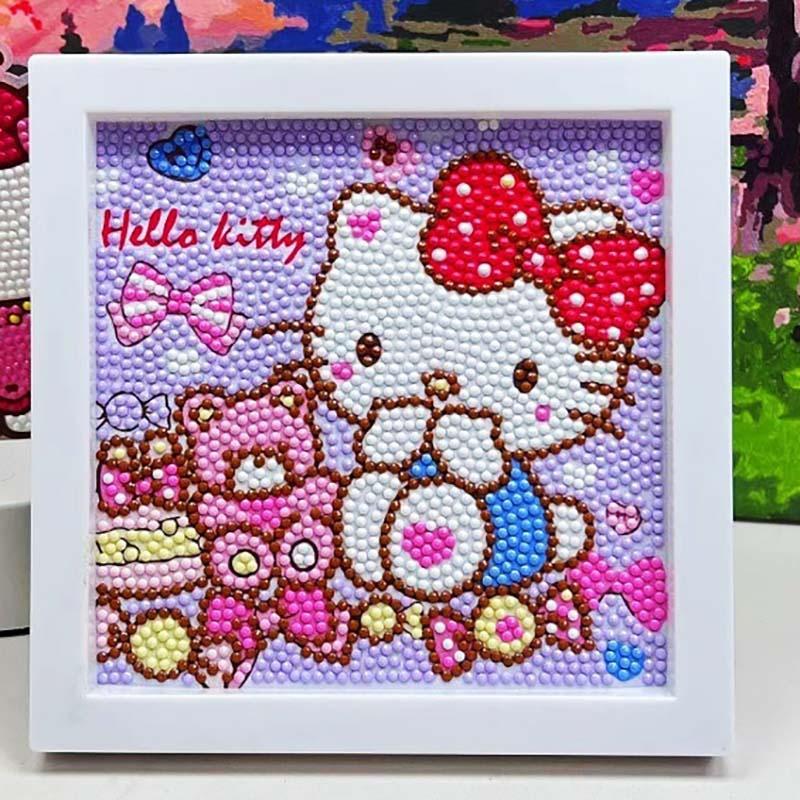 Cartoon Hello Kitty Pattern DIY Diamond Art Painting Kit with Frame, 5D Diamond Art Painting Kit, DIY Wall Art Decor for Home Living Room Bedroom