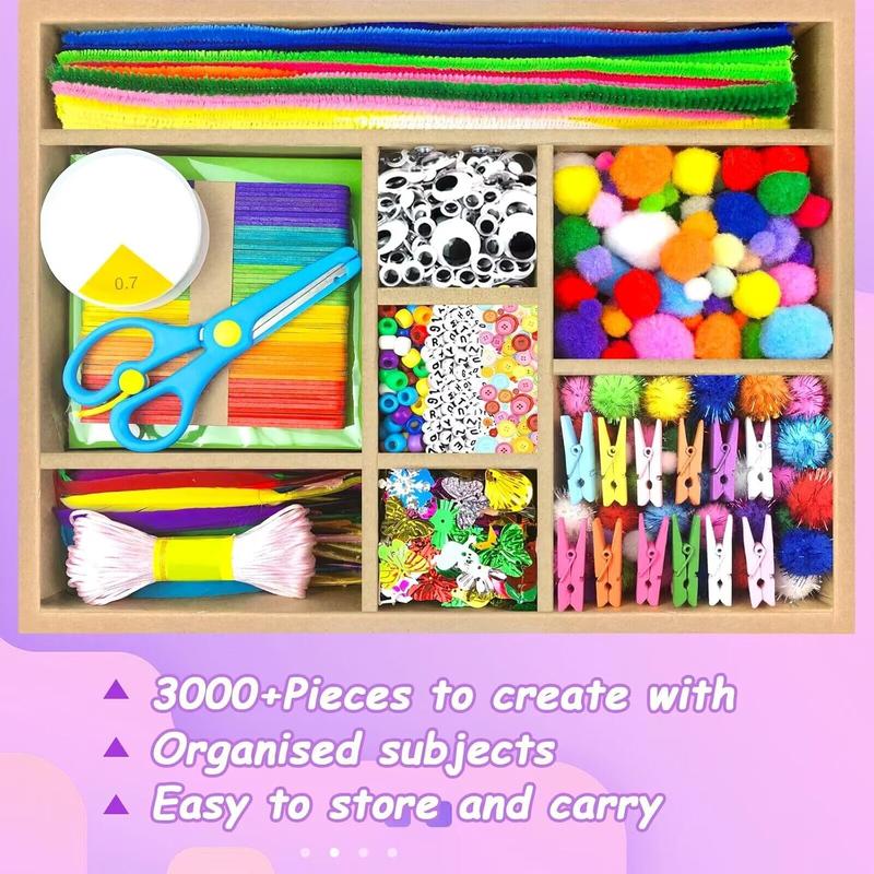 3000Pcs DIY Arts and Crafts Supplies Kit for Kids - Kids Craft Kits Art Supplies Material Set with Pipe Cleaner All in 1 Crafts for Kids Activity Gifts Toys for Girls Boys Age 4-6, 6-8, 8-12 years