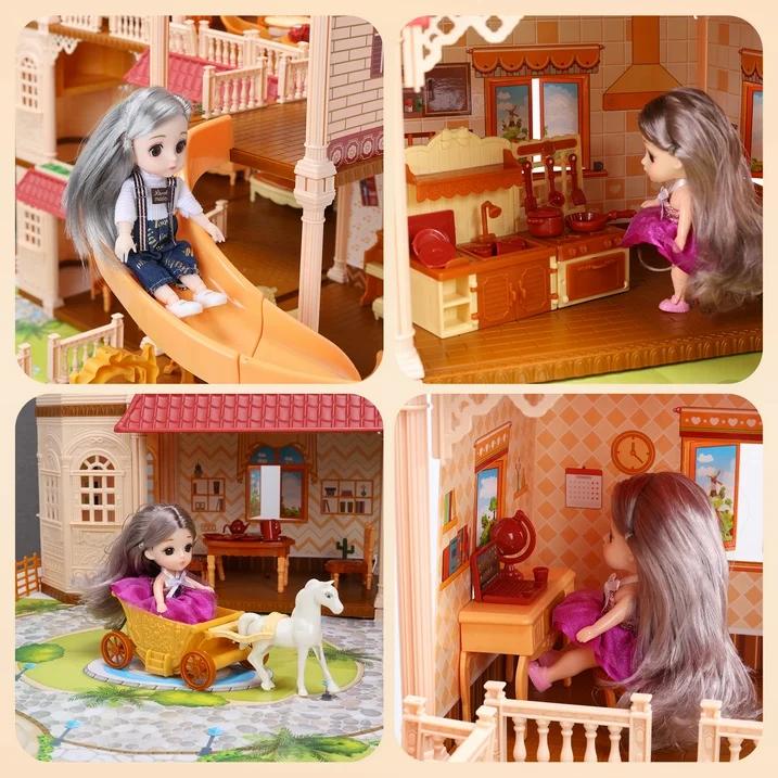 Huge Dollhouse With Elevator And 2 Doll,With 388 PCS Furniture and Accessories,Christmas Birthday Gifts,Red