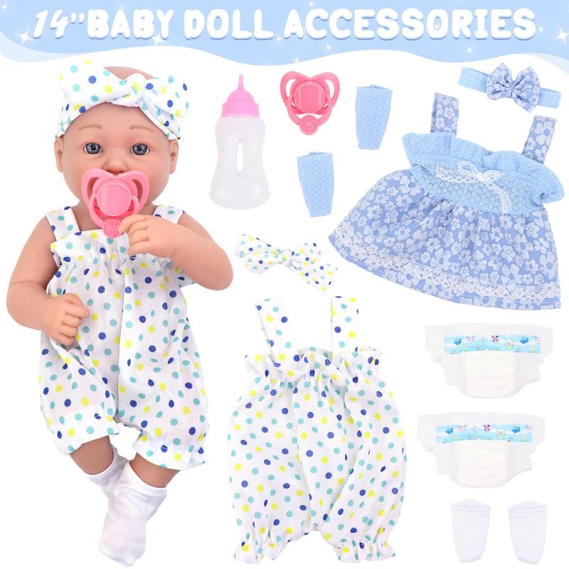 14 inch baby doll with accessories including clothes bottles, diapers, pacifiers