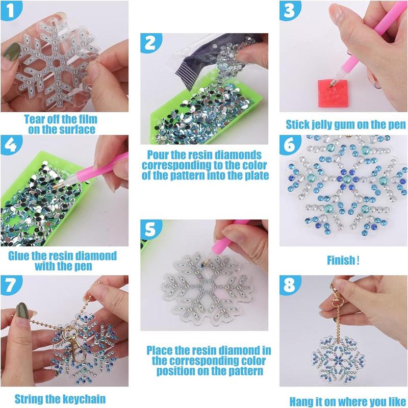 Christmas DIY Diamond Arts Colorful Painting Kit, 12pcs set Snowflake Series Acrylic Keychain, DIY Decorative Kit for Bag, Car, Phone, Computer, Bag Decoration