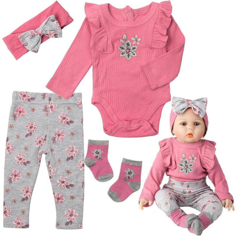 Reborn Dolls Baby Clothes Pink Outfits Fit 22''-24'' Reborn Baby Dolls Toddler Girl 4 Pieces Doll Clothing Set