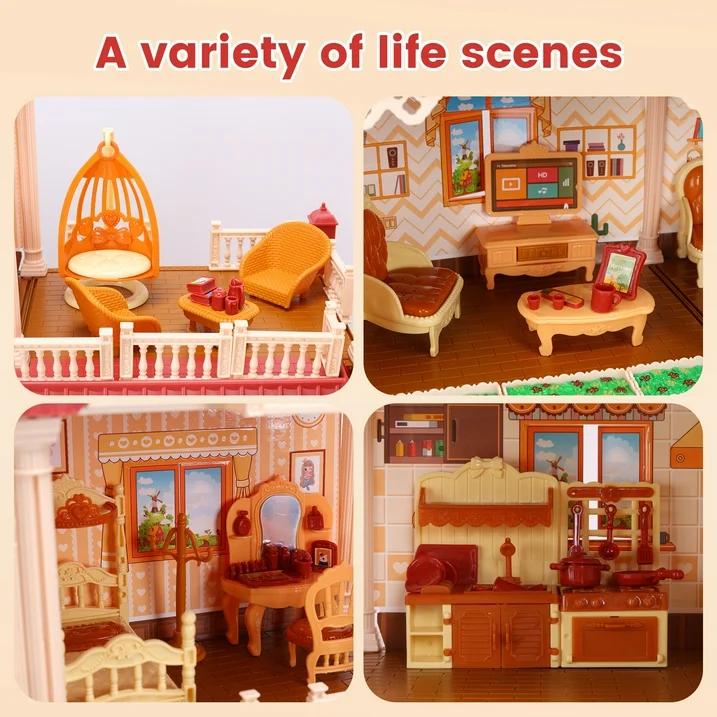 Huge Dollhouse With Elevator And 2 Doll,With 388 PCS Furniture and Accessories,Christmas Birthday Gifts,Red